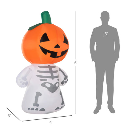 6ft Halloween Outdoor Inflatables, Smiling Skeleton Ghost with Pumpkin Head