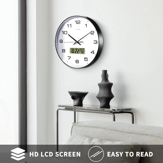10"/12"/14" Wall Clock, 4 Color Options, Calendar and Temperature