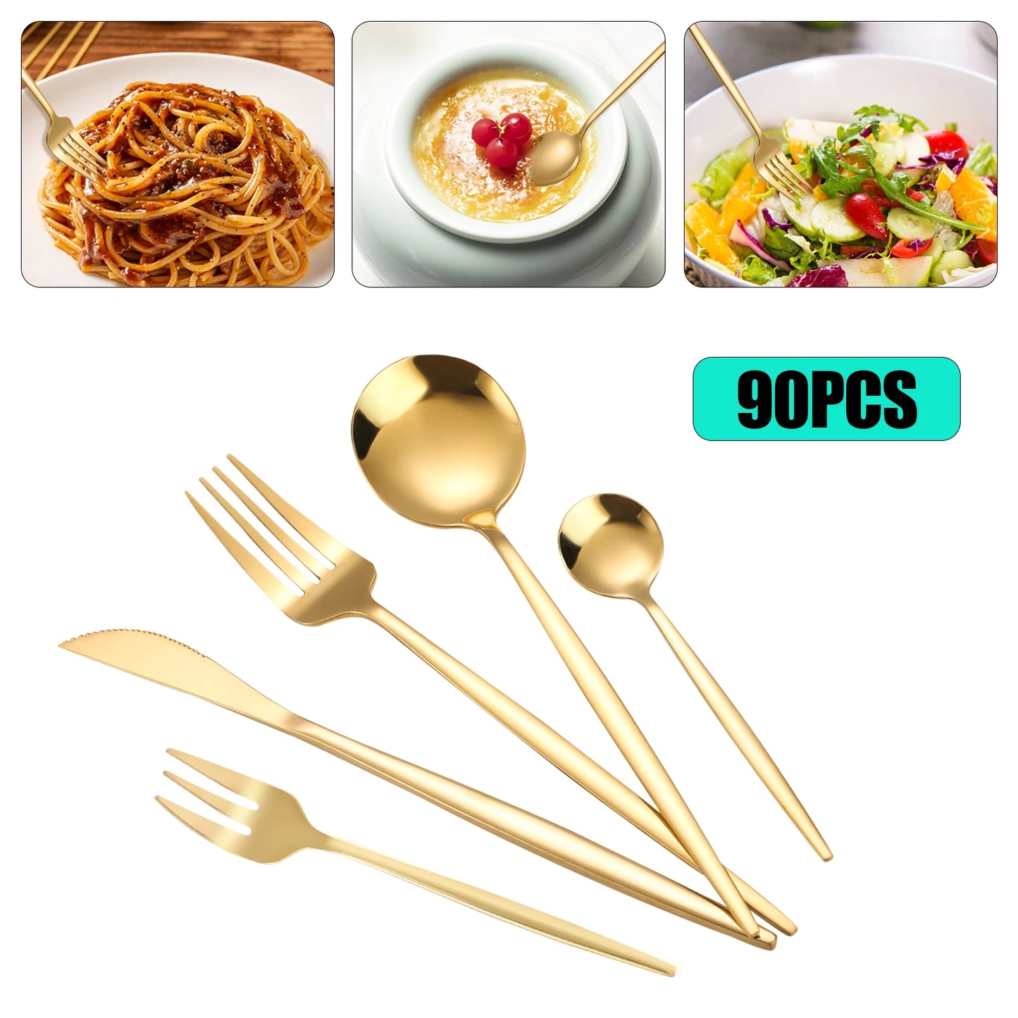 90pc Gold 420 Stainless Steel Silverware - Heavy Duty Cutlery