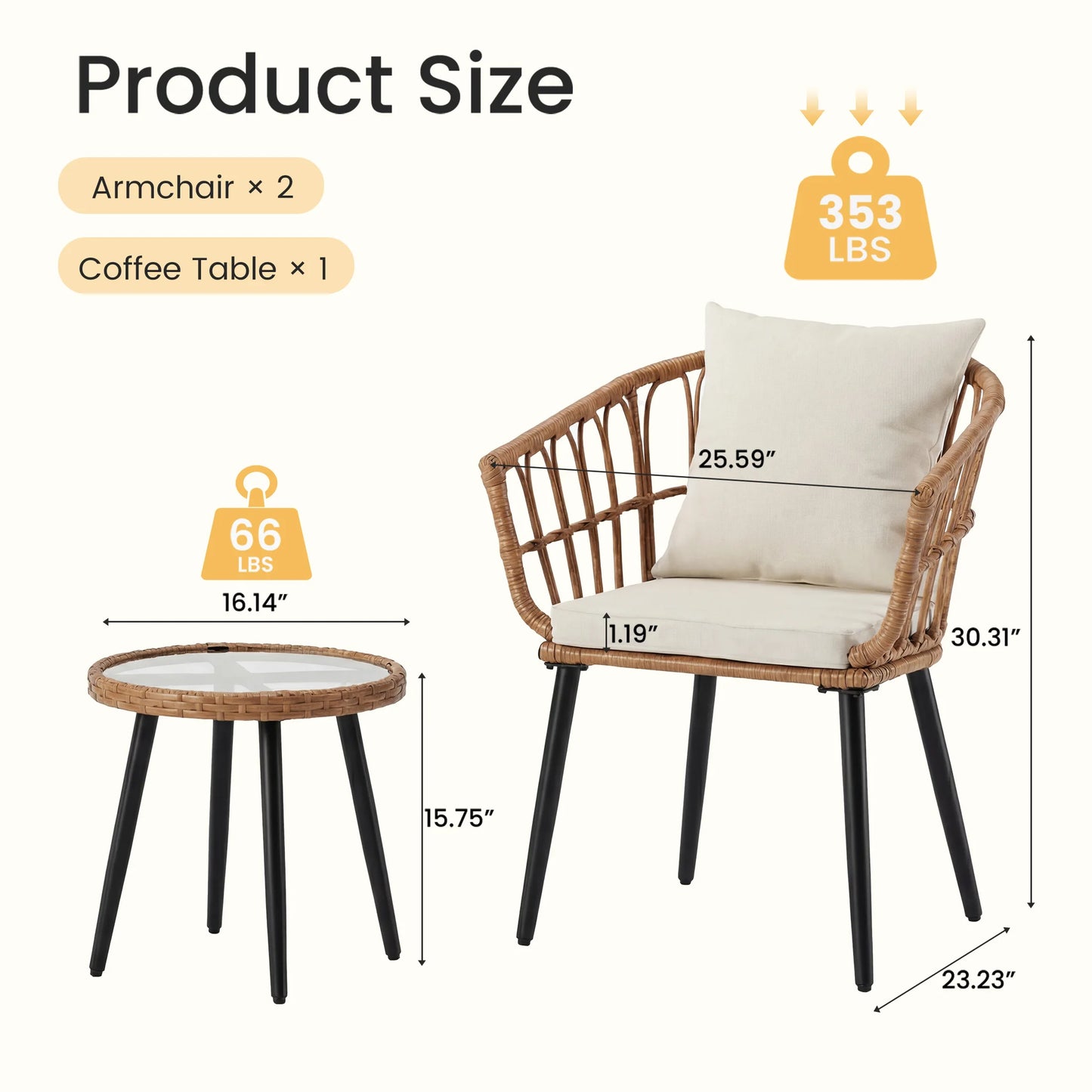 3pc Wicker Outdoor Set w/Soft Cushion, Glass Table