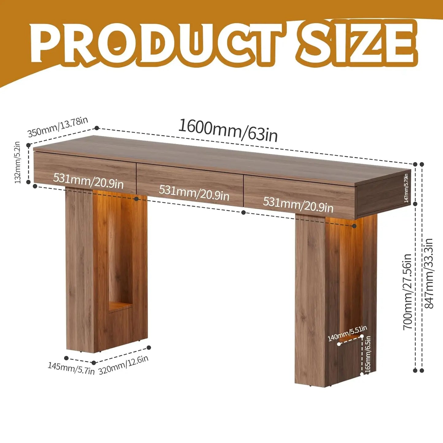 63" Console Rectangular Sofa Table w/Colorful LED Lights and 3 Drawers