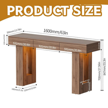 63" Console Rectangular Sofa Table w/Colorful LED Lights and 3 Drawers