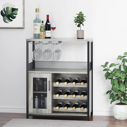 3-Tier Wine Bar Cabinet w/Adjustable Shelves & Glass Holders