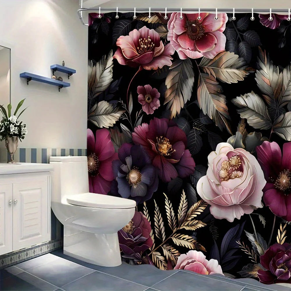 Magenta, Pink, Purple, White Flowers on Black, Polyester, Shower Curtain