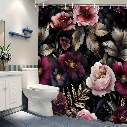 Magenta, Pink, Purple, White Flowers on Black, Polyester, Shower Curtain