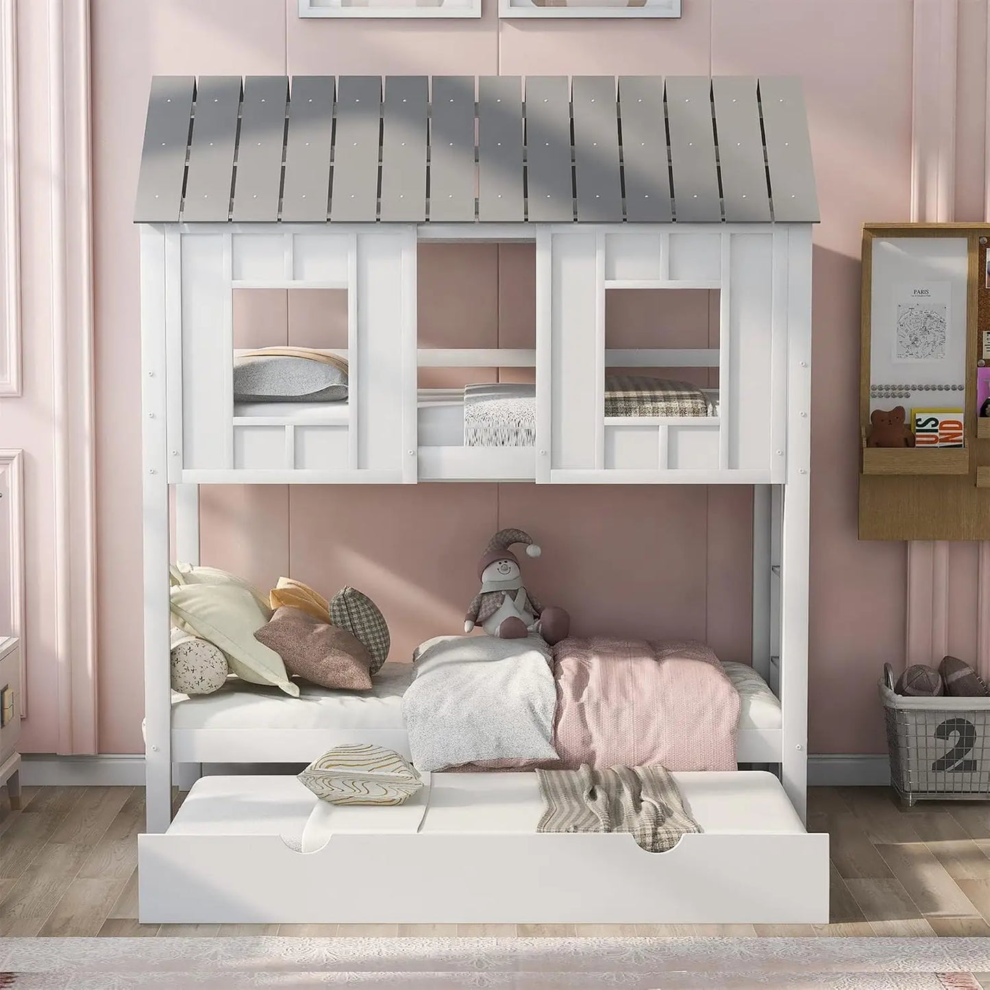 House Twin Over Twin Bunk Beds w/Storage Drawers & Shelf