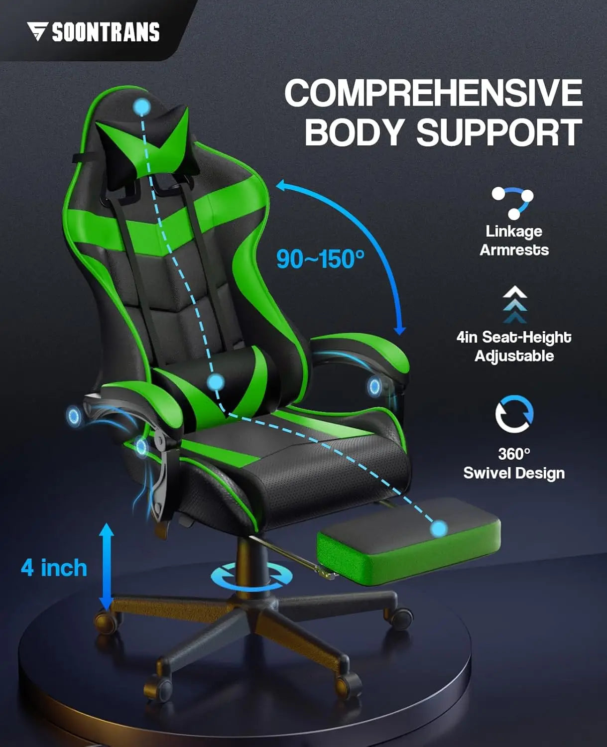 Ergonomic Adjustable Gaming Chair w/Footrest, Headrest, Lumbar Support
