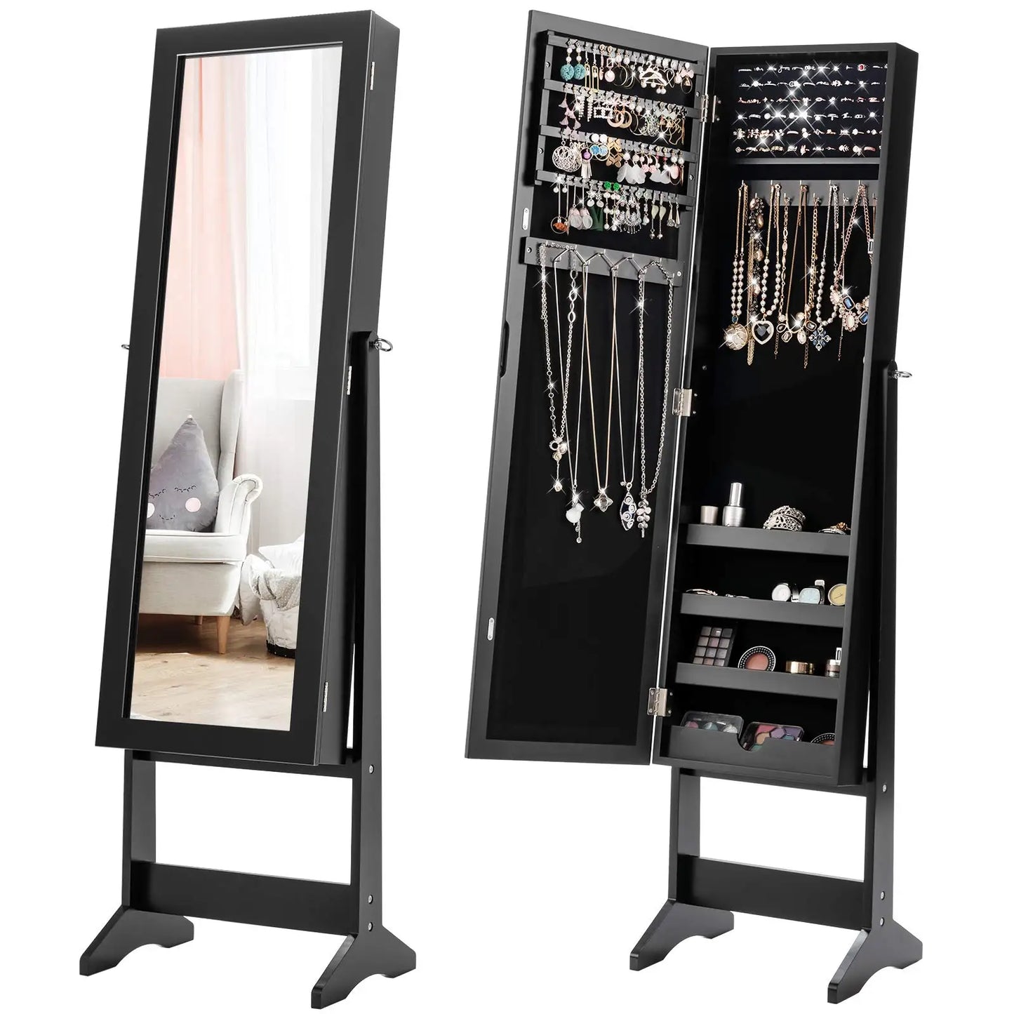Adjustable Free-Standing Jewelry Armoire w/Full Length Mirror, 3 Positions