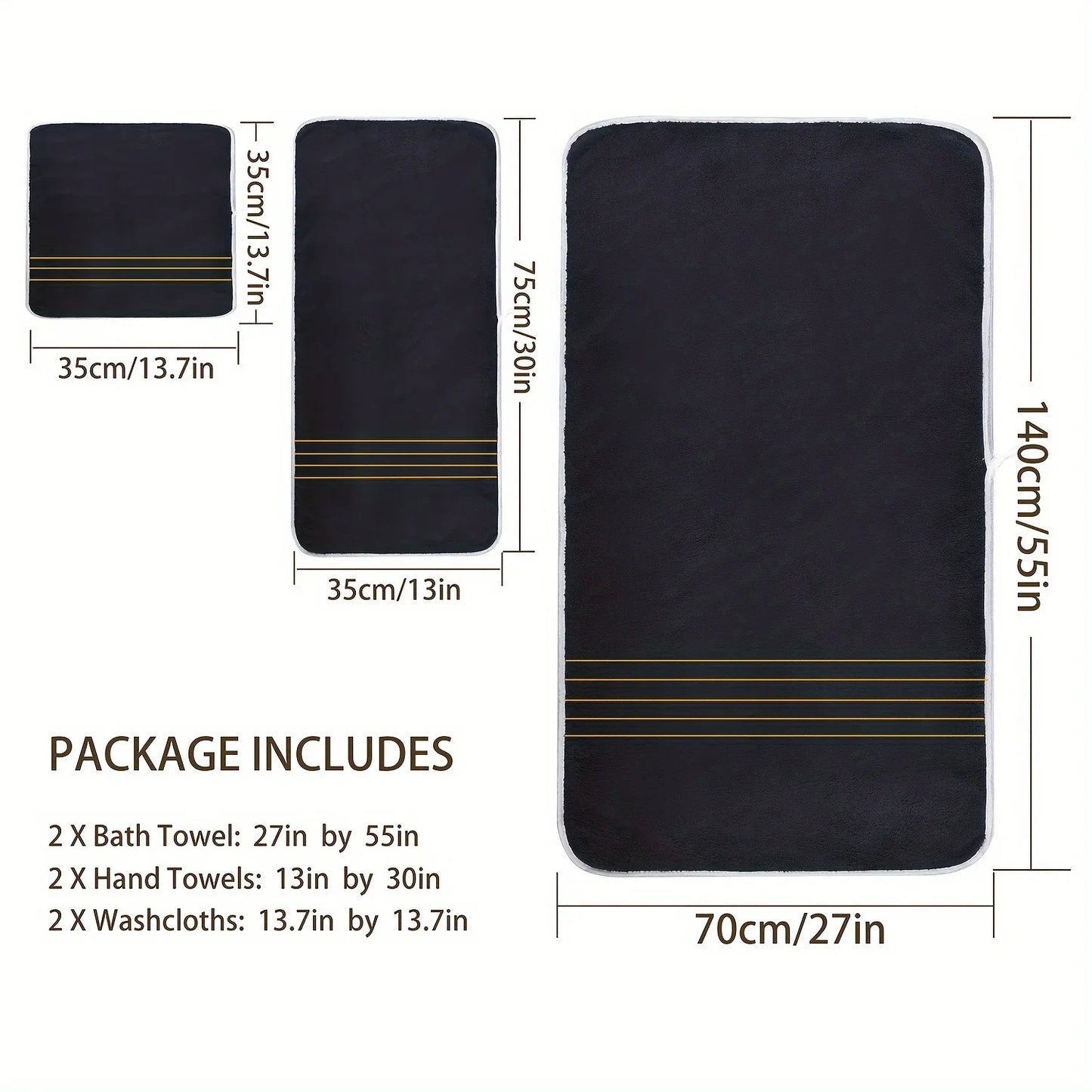 2/3/6/8 Pcs Bath Towel Set White & Gray with Gold Accents
