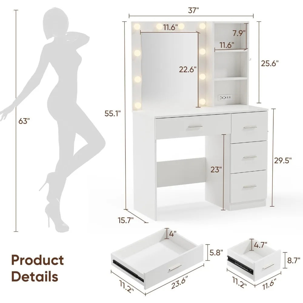 Makeup Vanity Desk w/LED Lighted Mirror, 4 Drawers Storage, Power Outlet