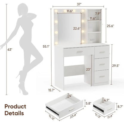 Makeup Vanity Desk w/LED Lighted Mirror, 4 Drawers Storage, Power Outlet