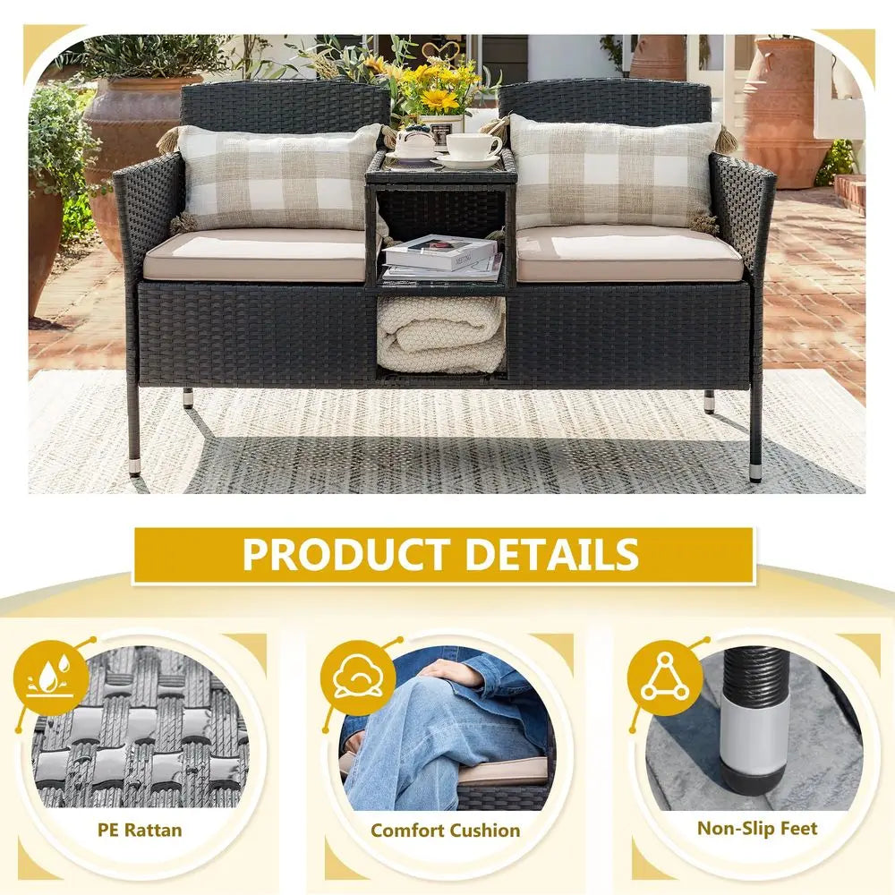 Modern Outdoor Patio Loveseat, with Cushions and Center Table