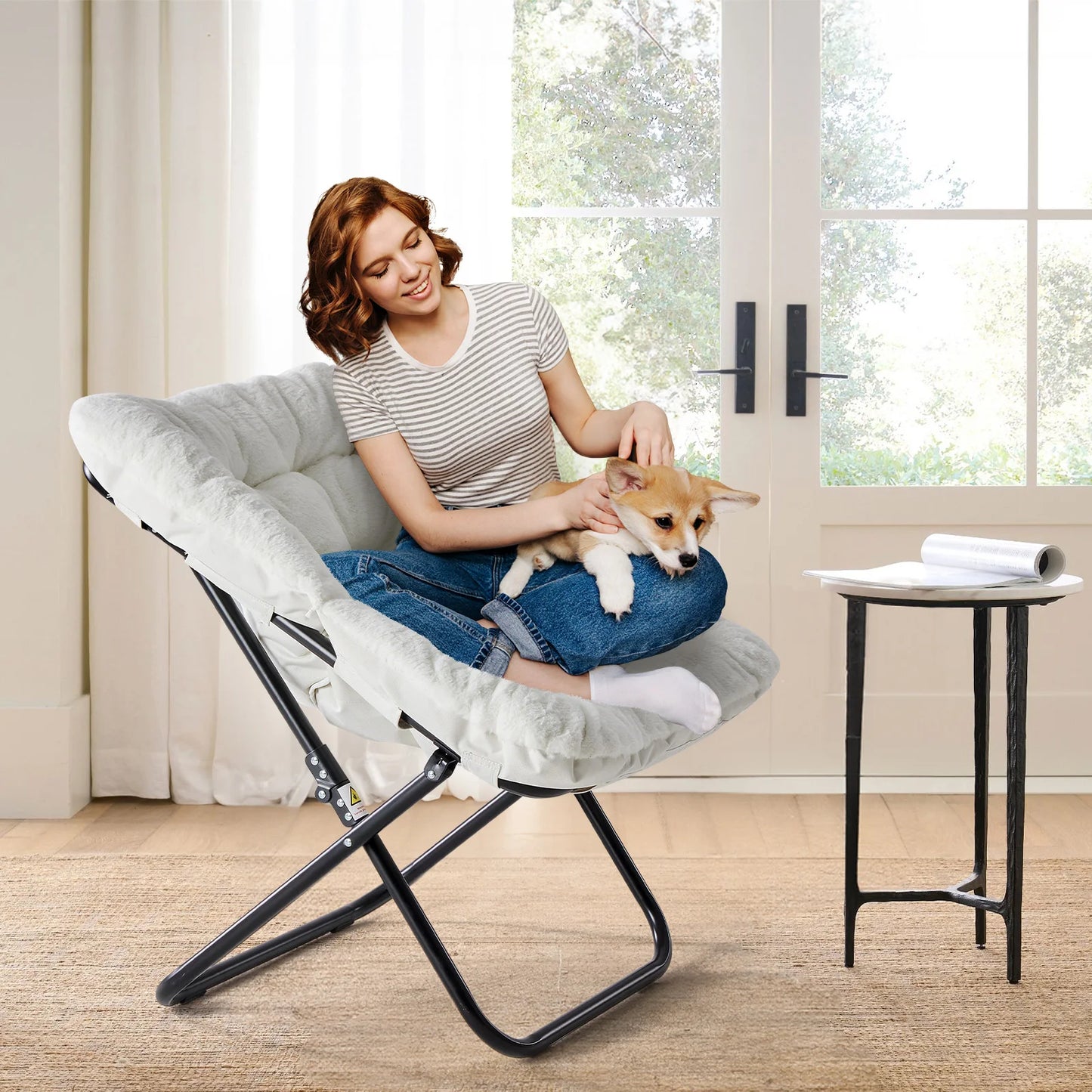 28" Large-Size, Folding Cozy Lounge Chair, Soft Faux Fur