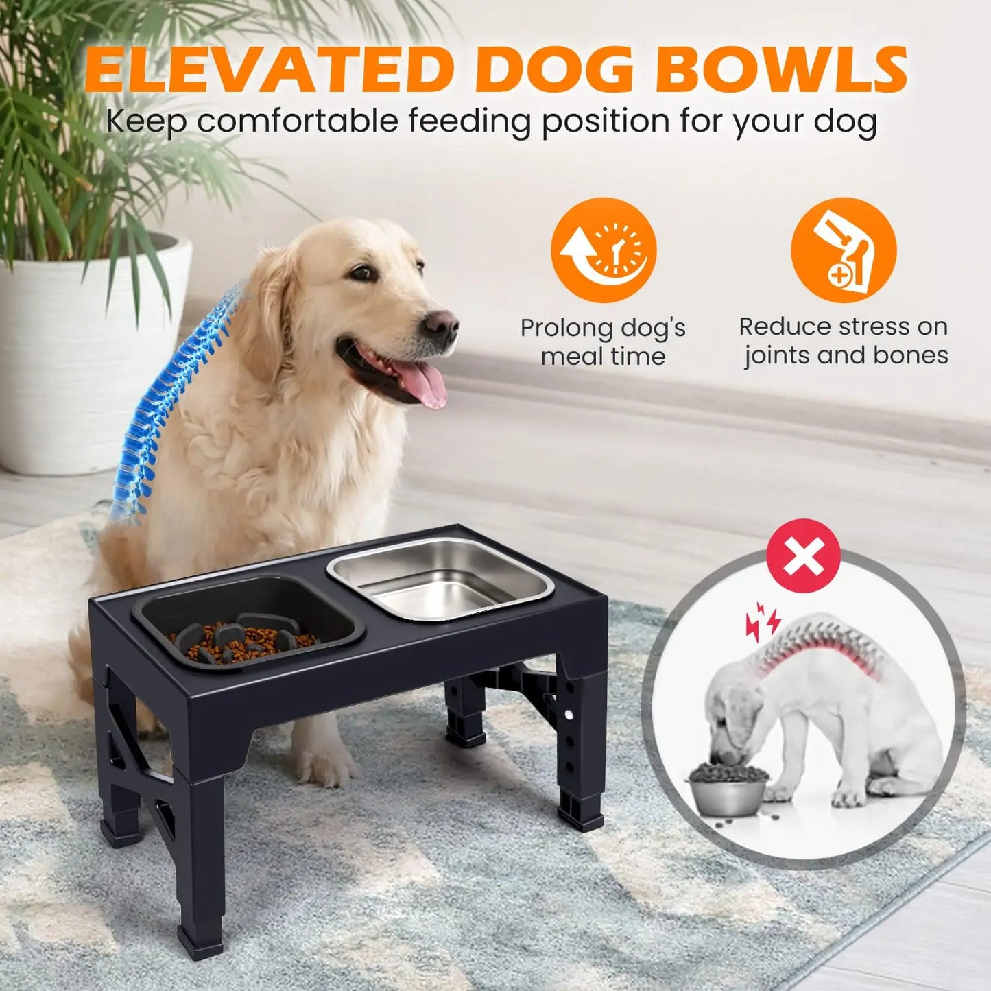 2:1 Adjustable Pet Feeder Bowls, Non-Slip, Stainless Steel, Plastic