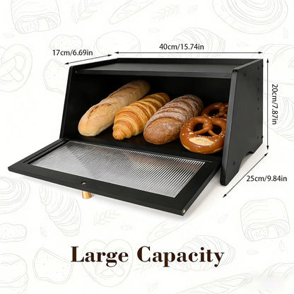 Large Black Bamboo Bread Box with Window & Air Vents