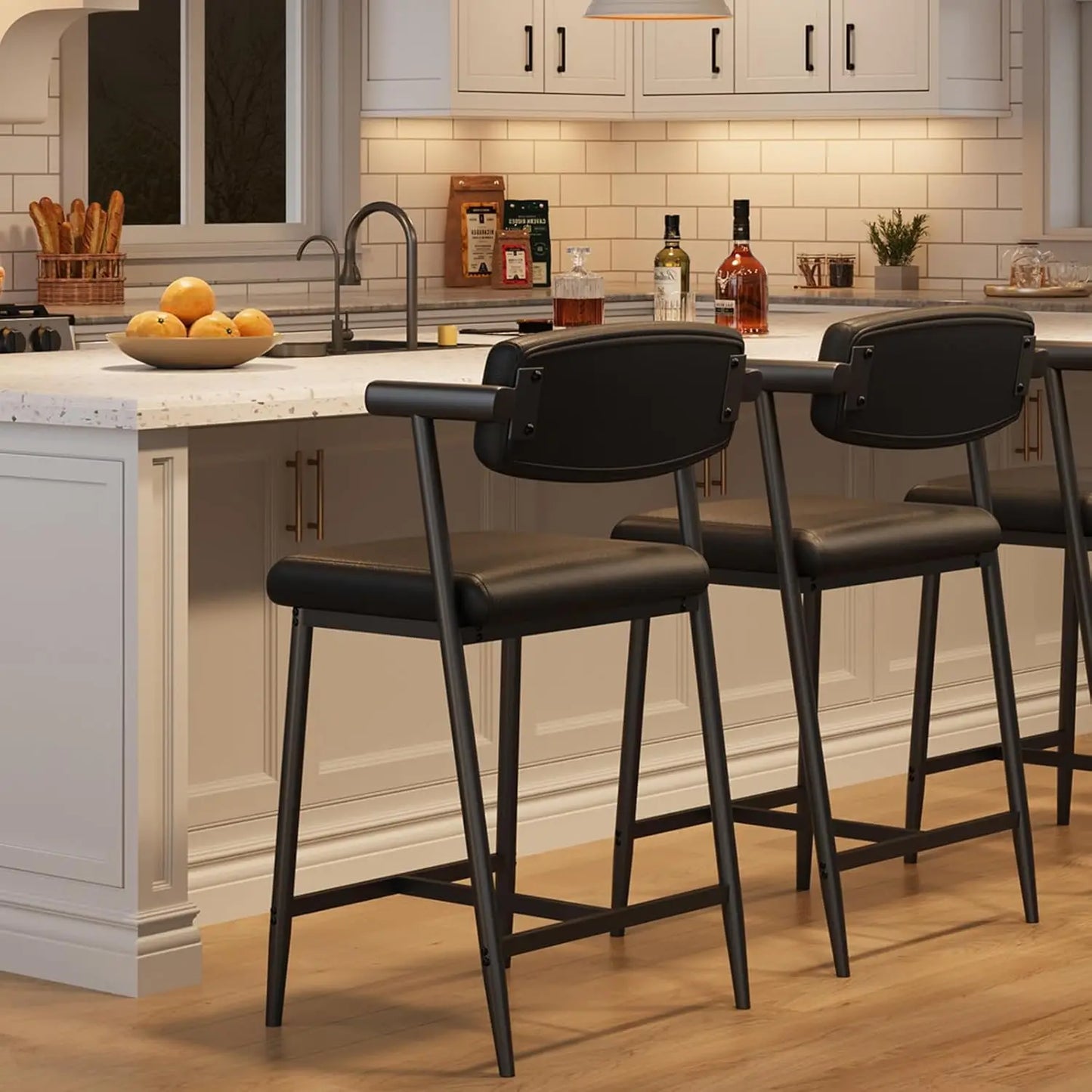 Modern Bar Stools Set (2) Back & Upholstered, Footrest