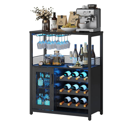 3-Tier Wine Bar Cabinet w/Adjustable Shelves & Glass Holders