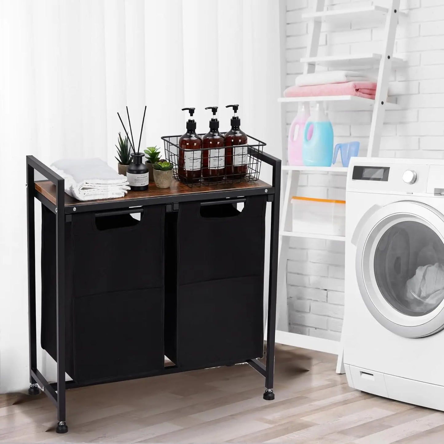 2 Section Laundry Basket Organizer w/Removable Laundry Bag and Top Shelf