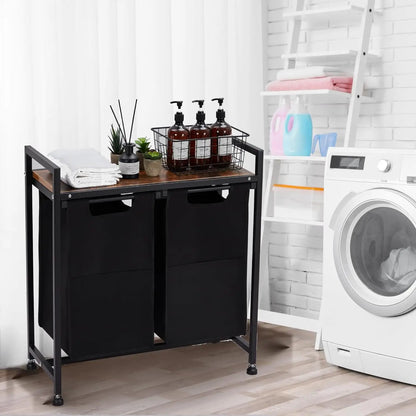 2 Section Laundry Basket Organizer w/Removable Laundry Bag and Top Shelf