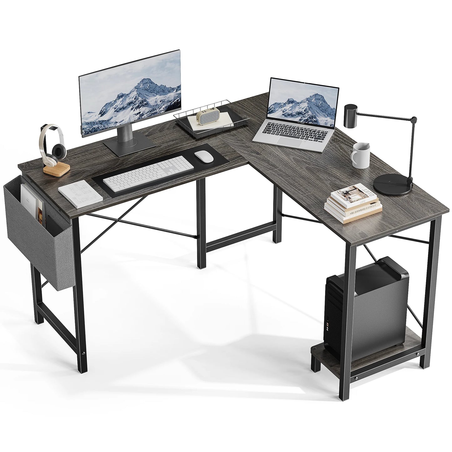 50" Corner Wooden Table with CPU Storage Shelf & Side Bag