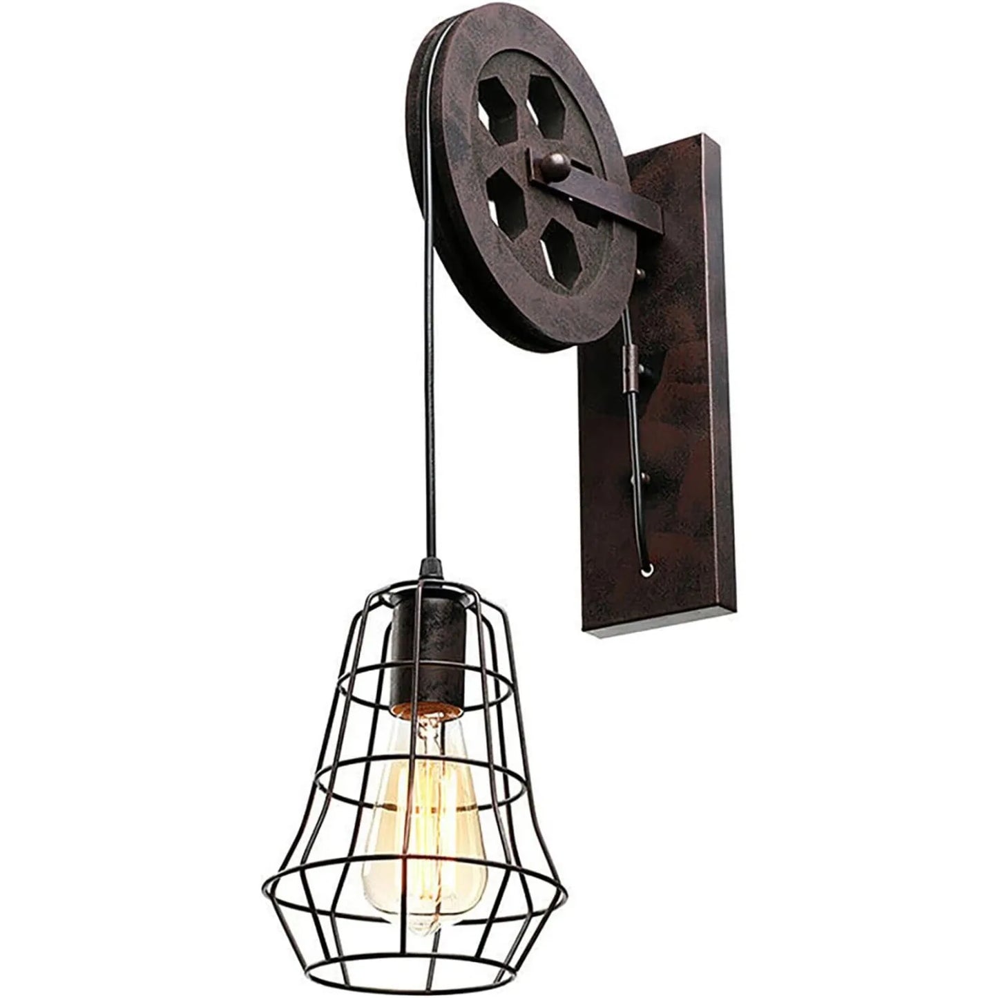 19" Lift Pulley Farmhouse Wall Sconce w/Iron Cage Lampshade