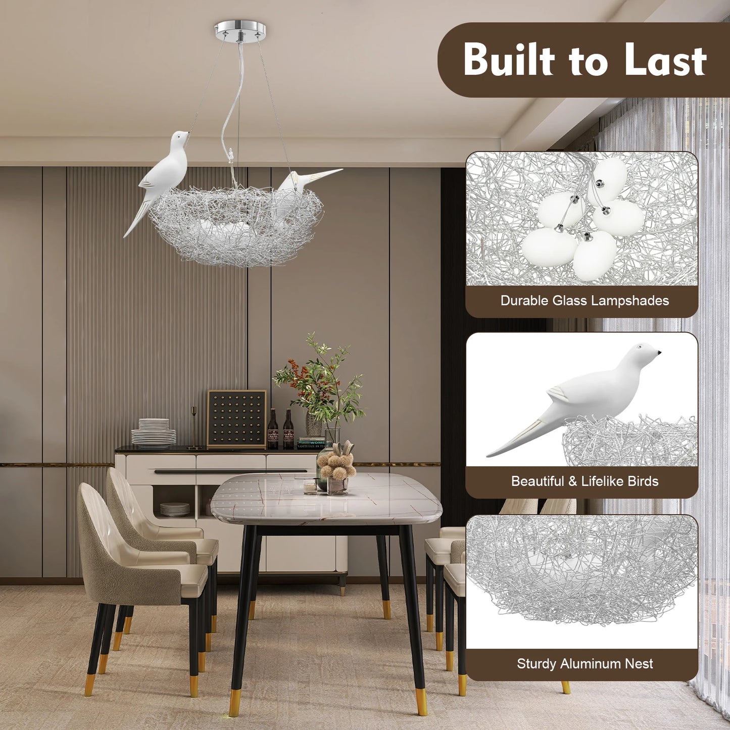 Modern Bird Nest Chandelier, LED 25W, Aluminum Silver