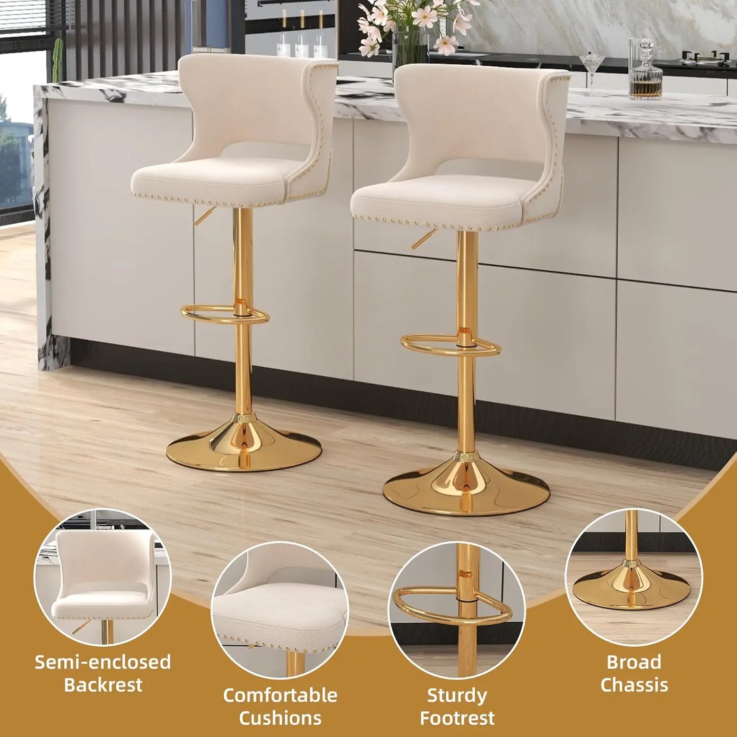 Set (2) Velvet Upholstered, Adjustable, Swivel, Curved Back Barstool