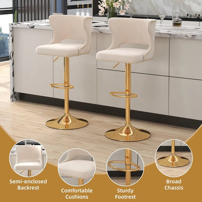 Set (2) Velvet Upholstered, Adjustable, Swivel, Curved Back Barstool