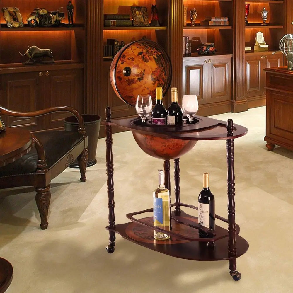 34.5" H, Wine Globe Bar Stand, Wood with Wheels,