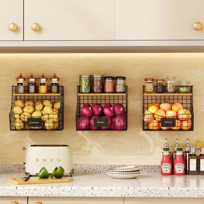 3 Produce and General Kitchen Storage Wire Baskets w/Lids