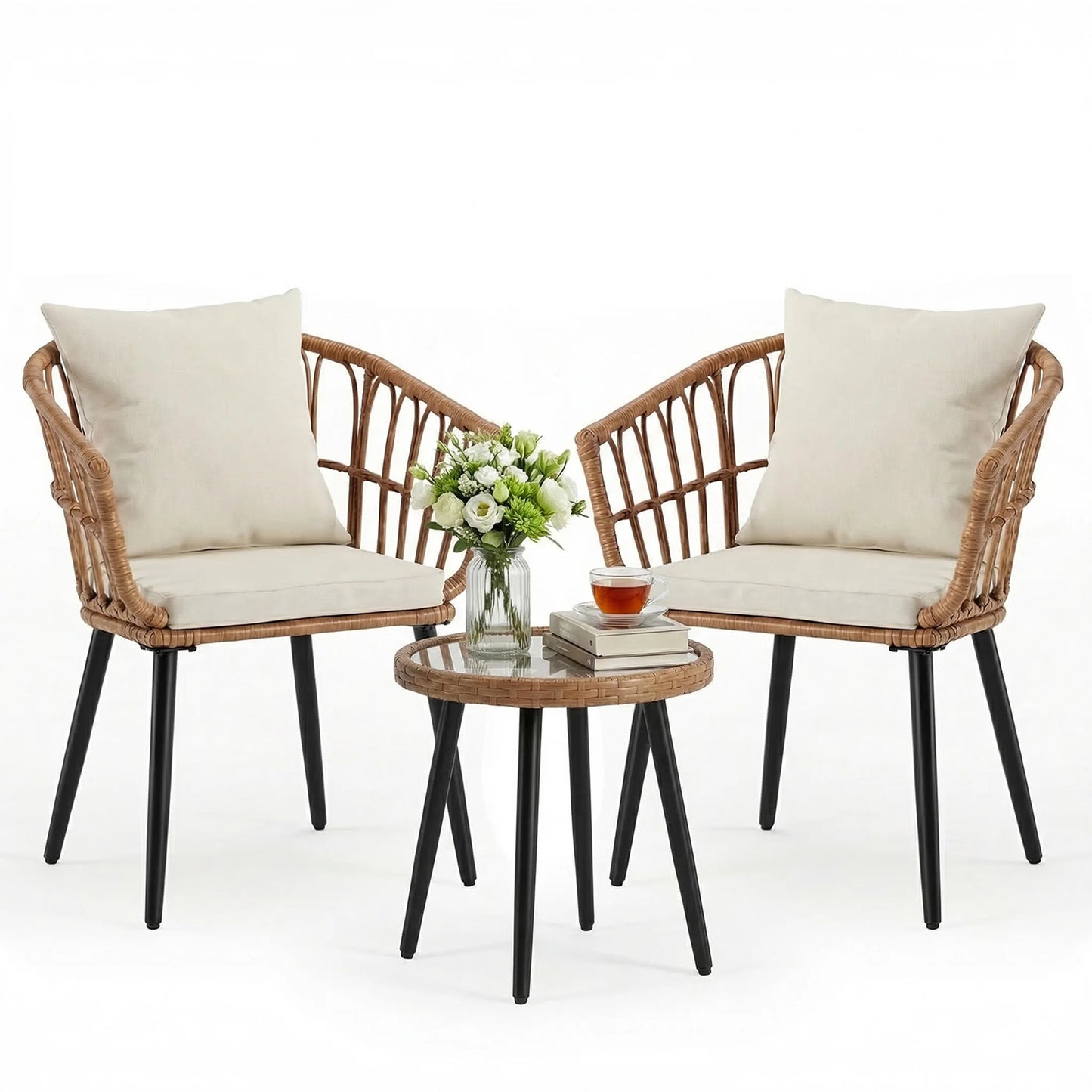 3pc Wicker Outdoor Set w/Soft Cushion, Glass Table