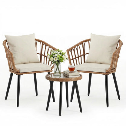 3pc Wicker Outdoor Set w/Soft Cushion, Glass Table