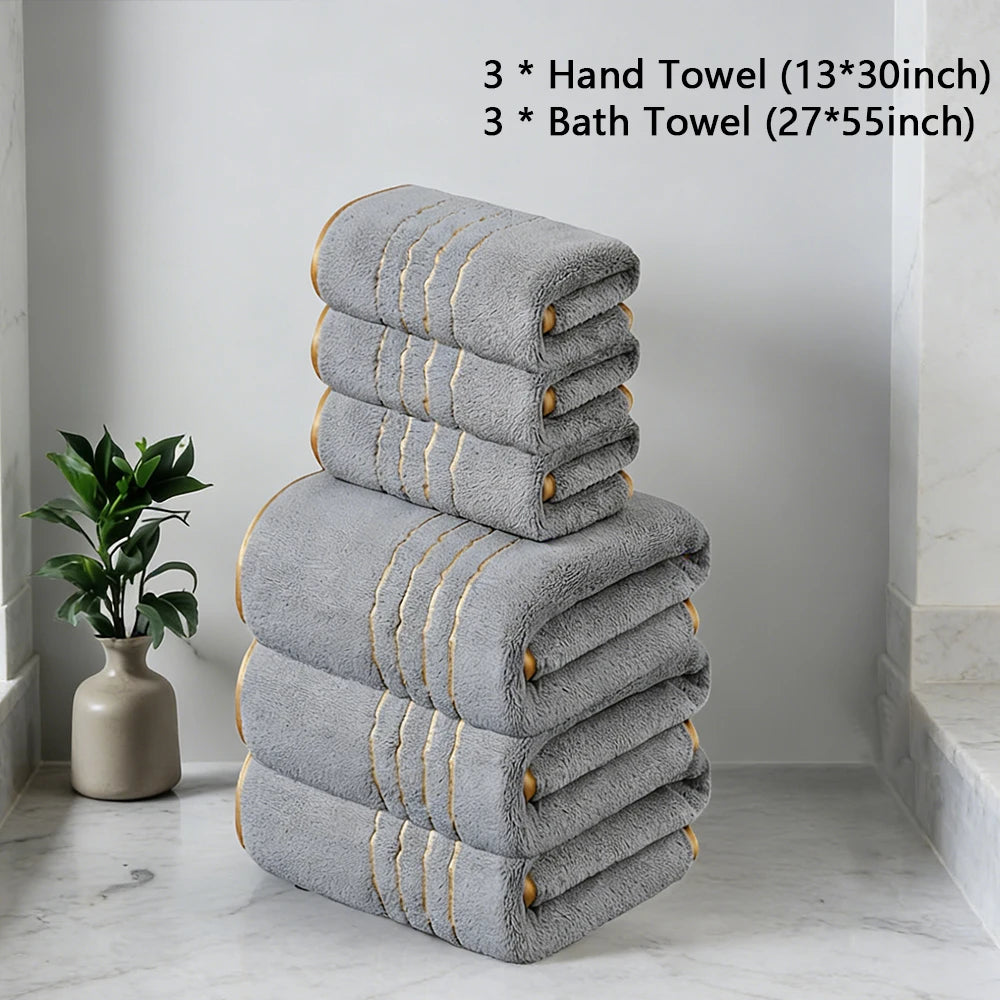 2/3/6/8 Pcs Bath Towel Set White & Gray with Gold Accents
