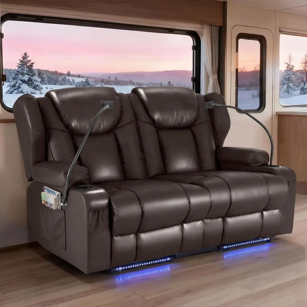 PU Leather Dual Reclining Loveseat, Vibration, Heating, LED Base Lights, USB Ports