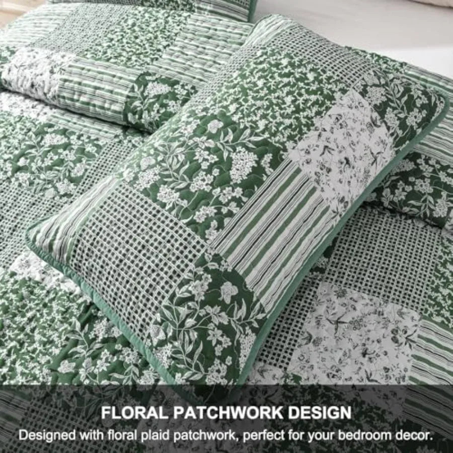 3pc Plaid Floral Bedspread Set Patchwork Reversible Bedding