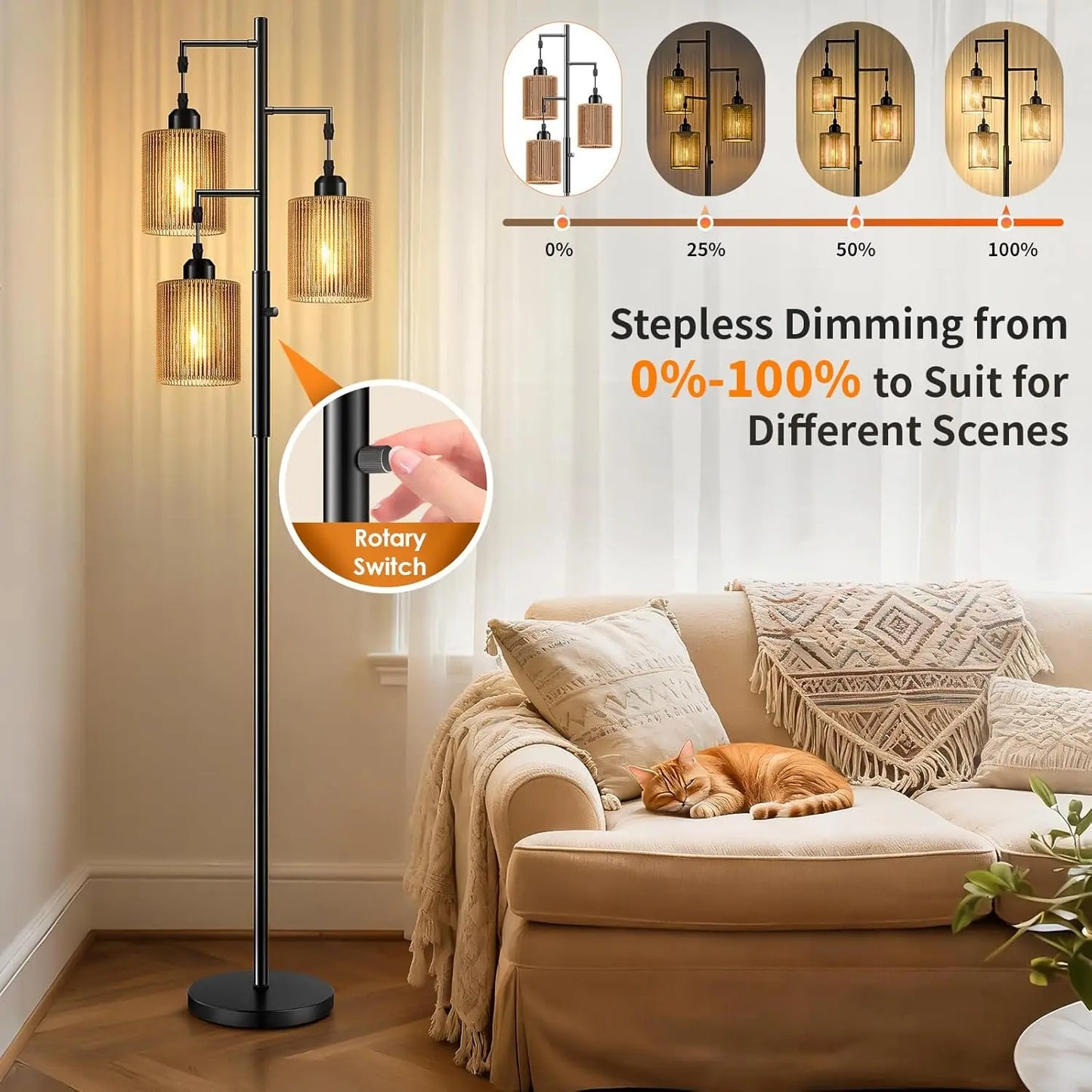 72" Boho Floor Lamp w/Dimmable Light, Handcrafted Brown Shade,
