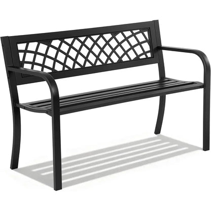 Black Steel Patio Bench w/Mesh and Plastic Backrest