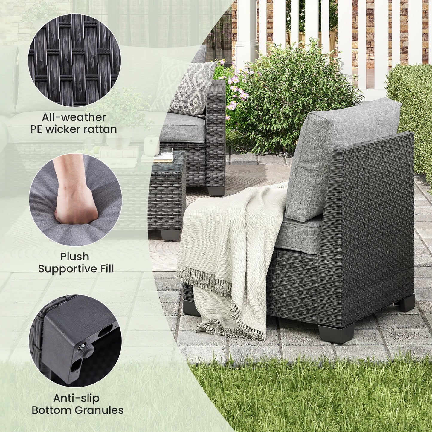 Patio Sectional Sofa Set w/Ottoman, Water/Oil/Stain-Resistant Fabric