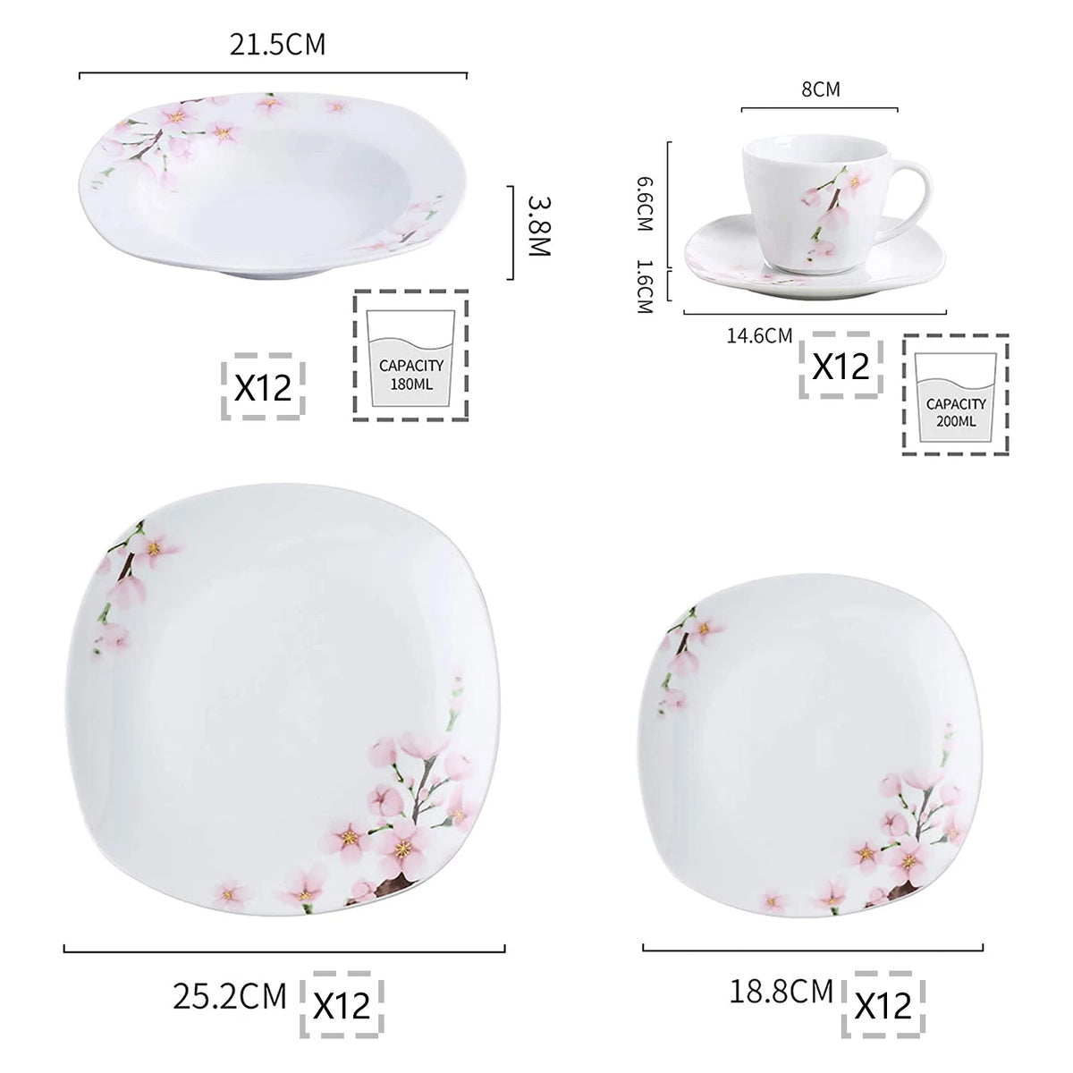 Pink Floral Porcelain Plate, 12 person setting