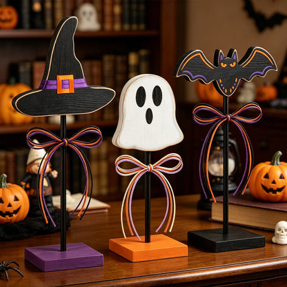 Halloween 3pc Assorted Ornaments Set, Wooden Tabletop, Witch Hat, Ghost, Bat with Ribbon