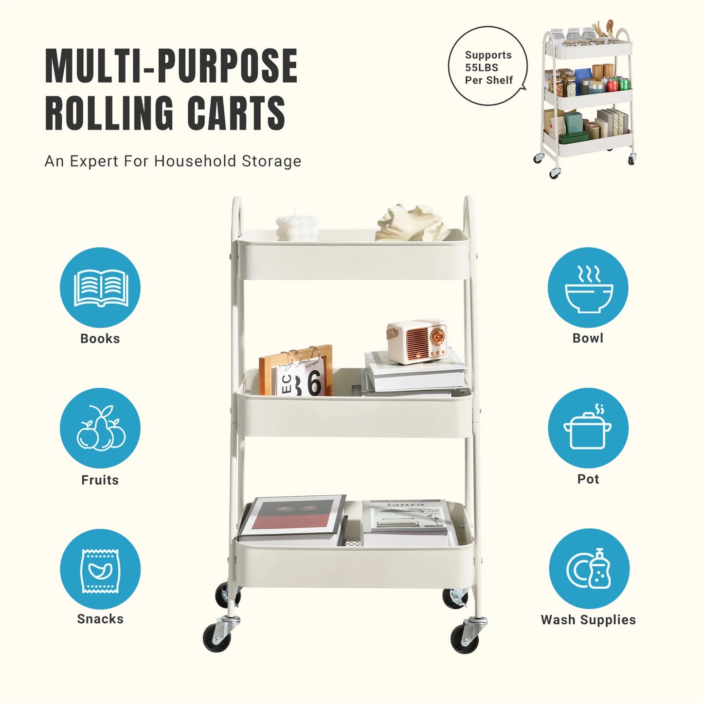 3 Tier Metal Storage Kitchen Cart with Lockable Wheels