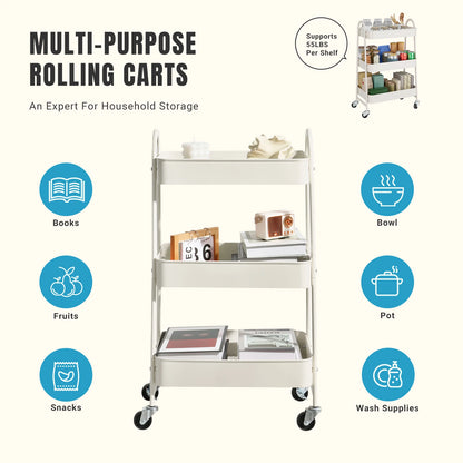 3 Tier Metal Storage Kitchen Cart with Lockable Wheels