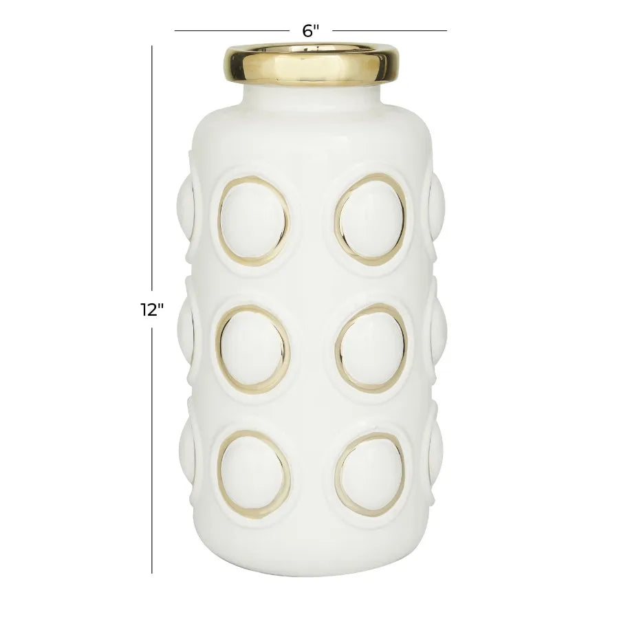 12" White Ceramic Vase with Gold Circle Accents