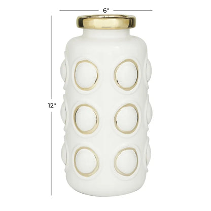 12" White Ceramic Vase with Gold Circle Accents