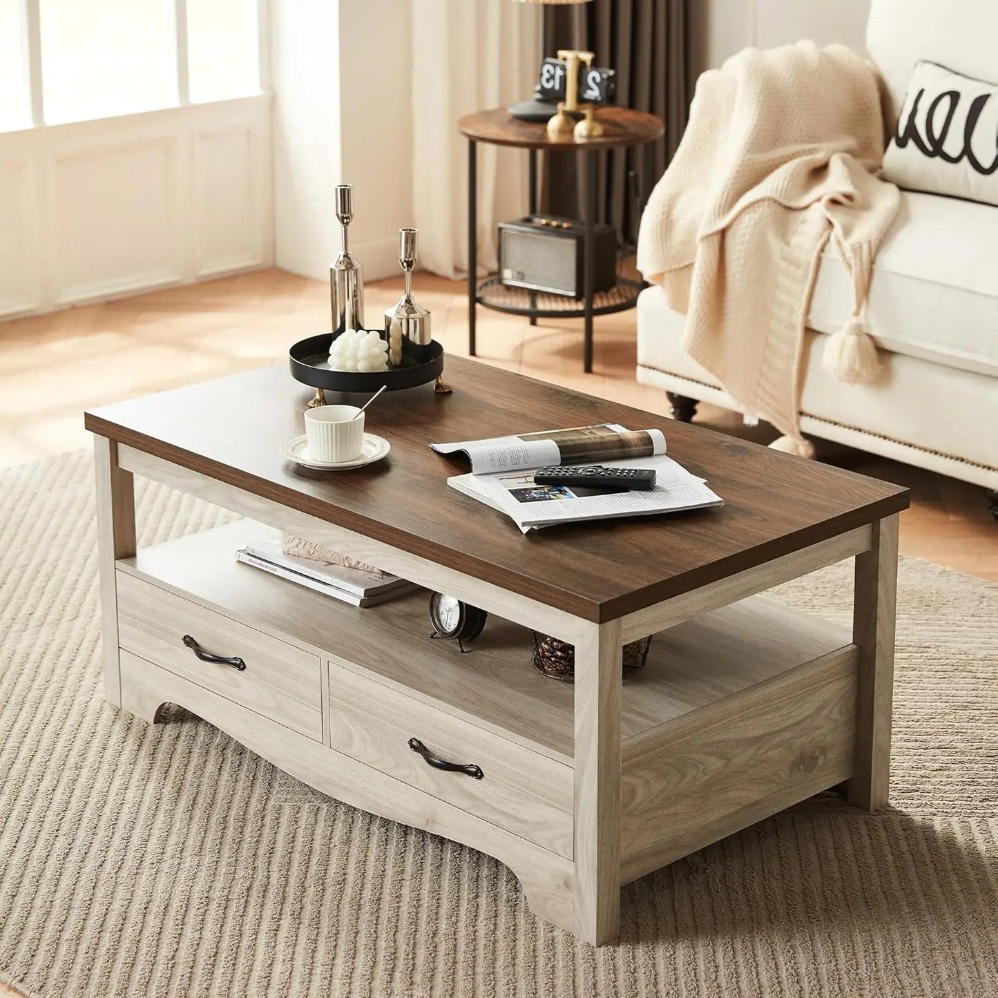 Farmhouse Coffee Table with Storage, Drawers