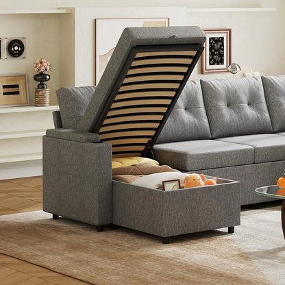 110'' Sectional Pull Out Couch, U Shape 7 Seat Sleeper Sofa w/Storage