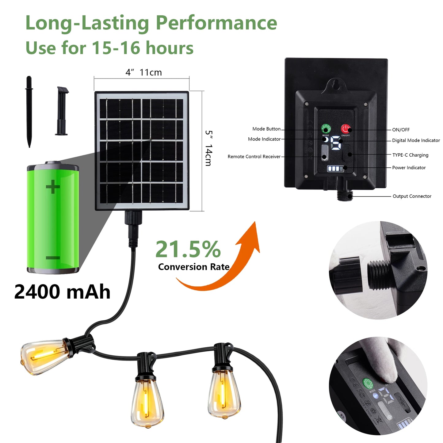 100' Solar Outdoor String Patio Lights, Shatterproof, Remote