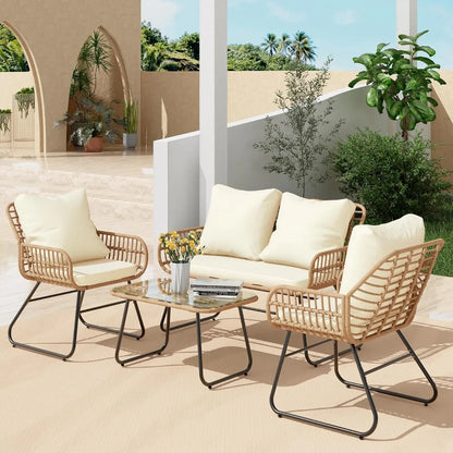 4pc Wicker Outdoor Furniture Set w/Cushions & Tempered Glass Table