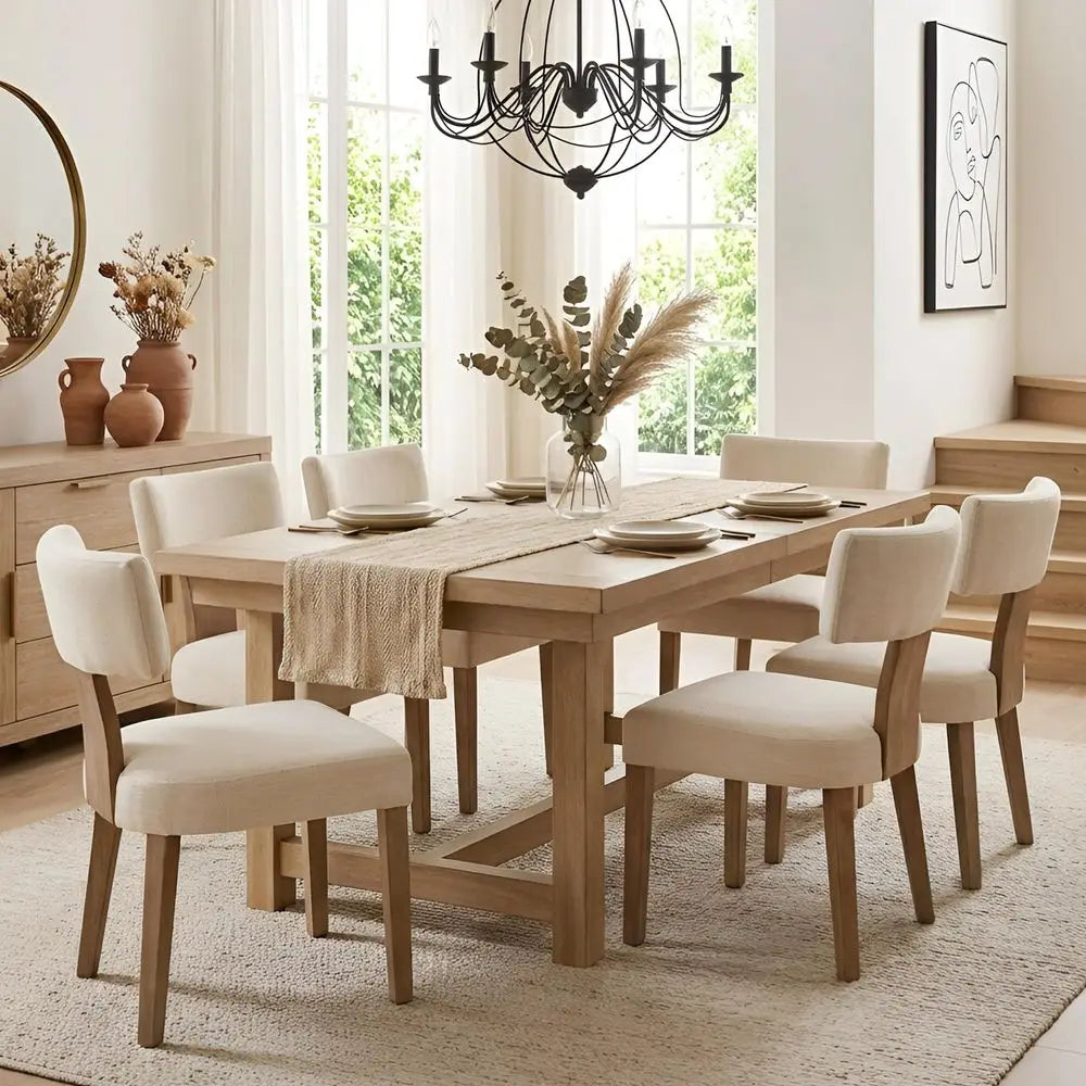 Set 6, Mid Century Modern Dining Chairs, Farmhouse Linen Fabric Upholstered