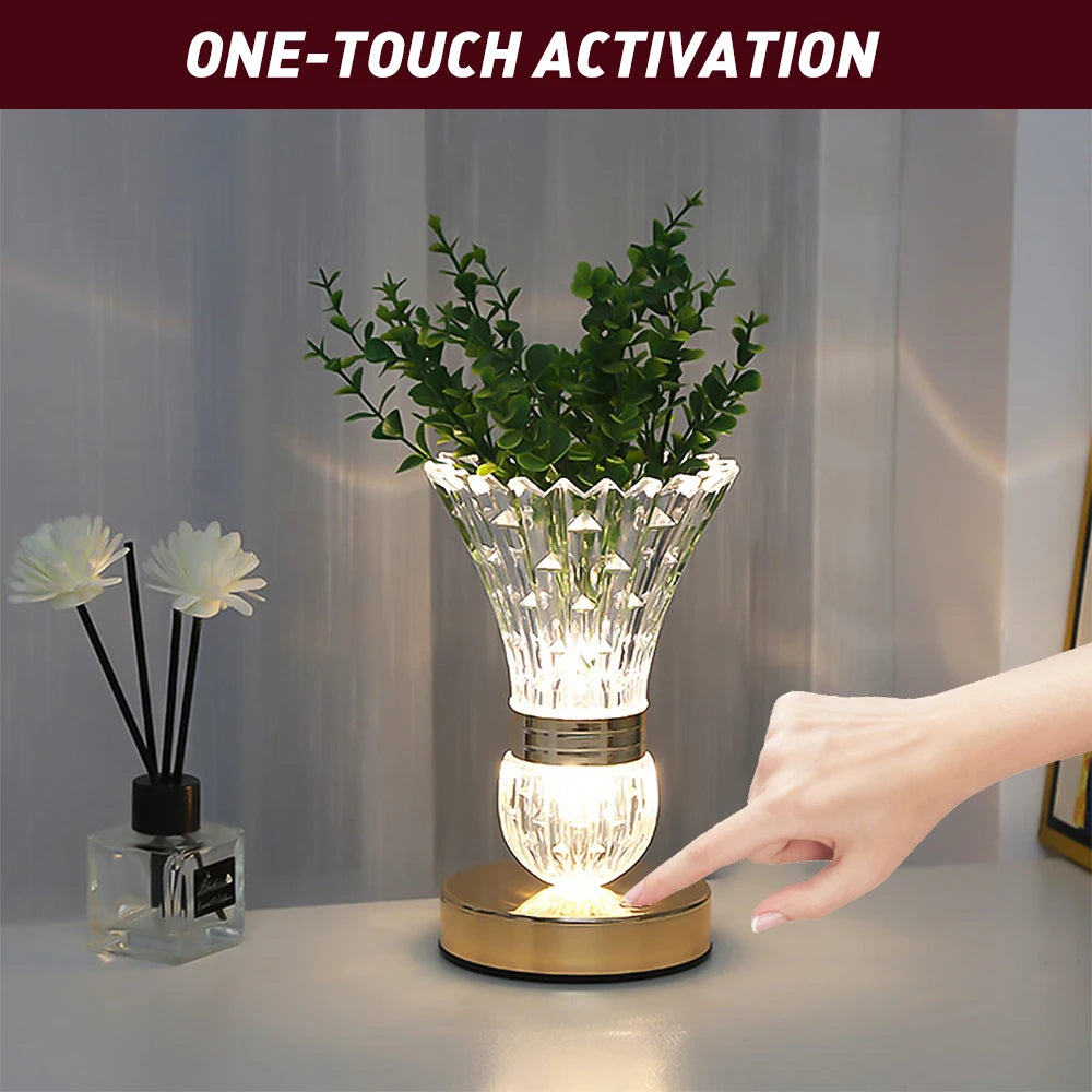 Multi-purpose Crystal Vase LED Table Lamp One Touch Switch, Rechargeable